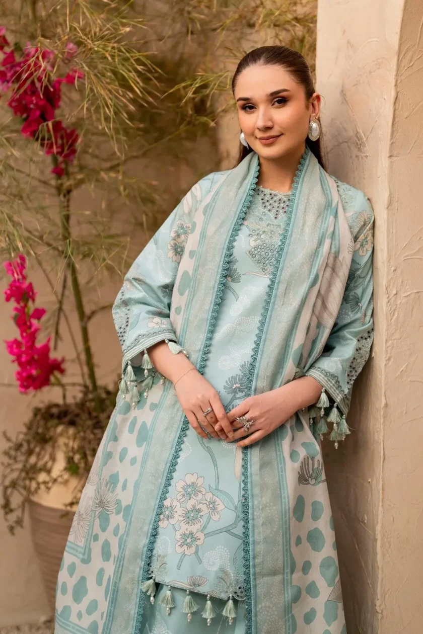 Unstitched 3Pc Printed Embroidered Lawn Dress Alizeh Fawn - Image 3