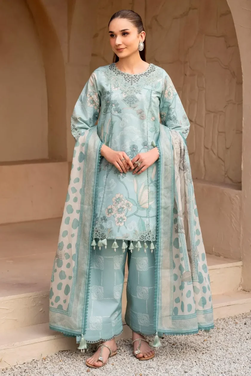 Unstitched 3Pc Printed Embroidered Lawn Dress Alizeh Fawn - Image 4