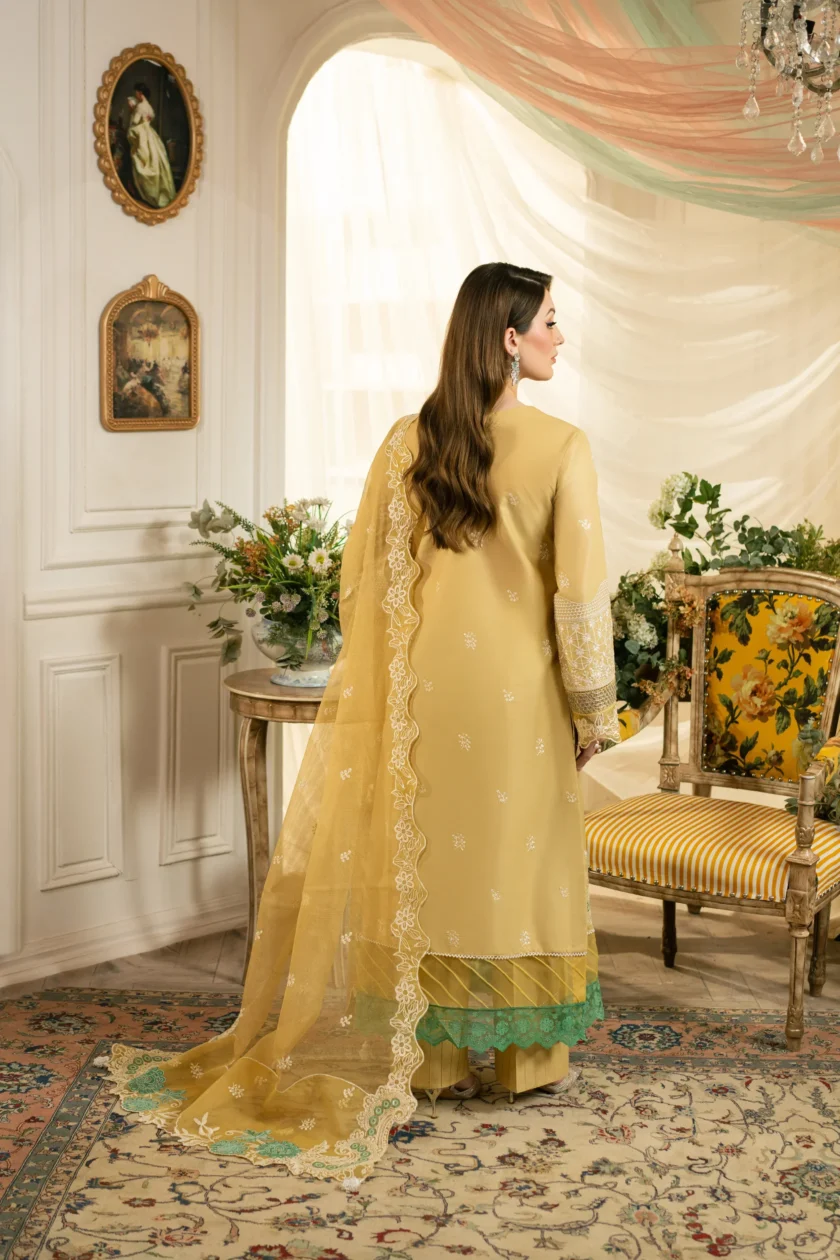 Unstitched 3Pc Printed Embroidered Lawn Dress Aneela Rizwan Golden Aura - Image 2
