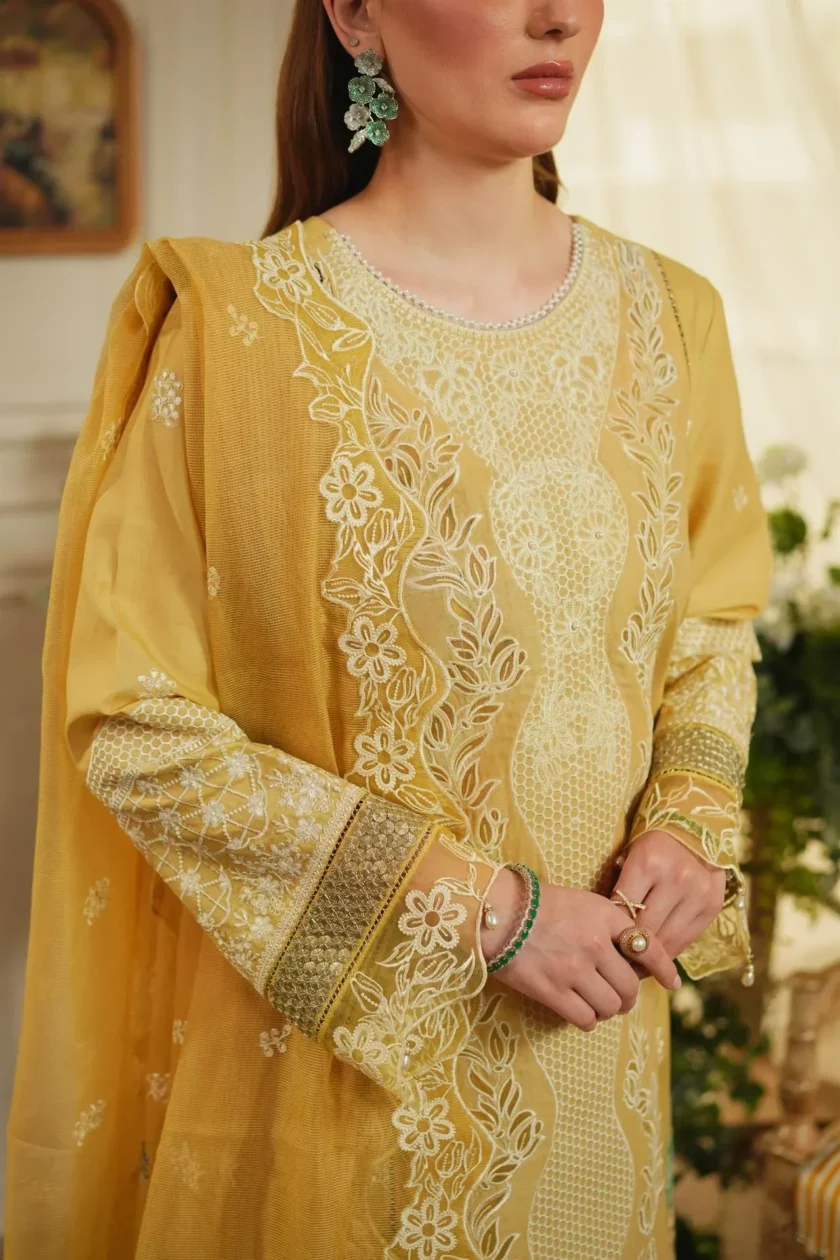 Unstitched 3Pc Printed Embroidered Lawn Dress Aneela Rizwan Golden Aura - Image 3