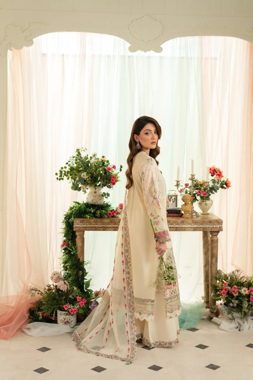 Unstitched 3Pc Printed Embroidered Lawn Dress Aneela Rizwan Ivory - Image 2
