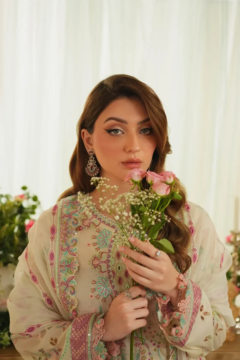 Unstitched 3Pc Printed Embroidered Lawn Dress Aneela Rizwan Ivory - Image 3