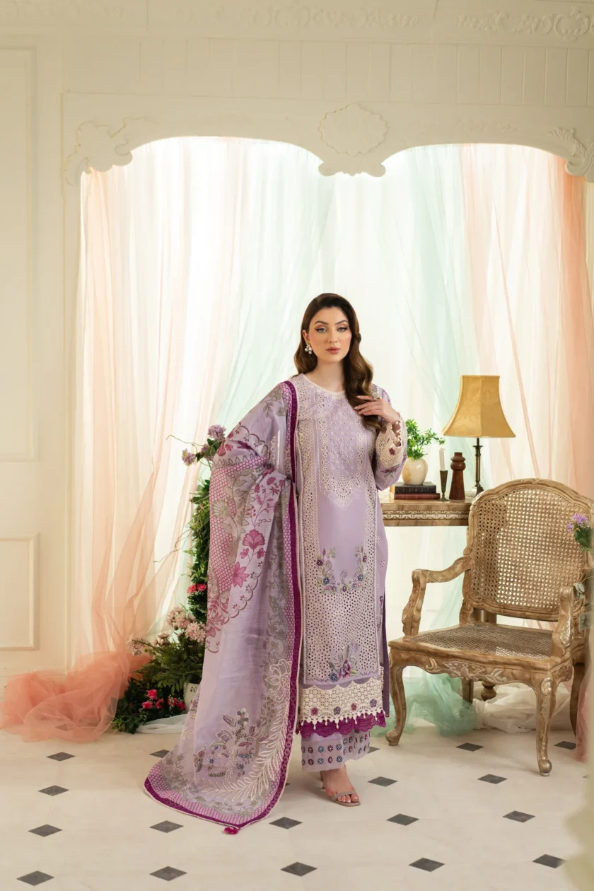 Unstitched 3Pc Printed Embroidered Lawn Dress Aneela Rizwan Lavender Bliss - Image 2
