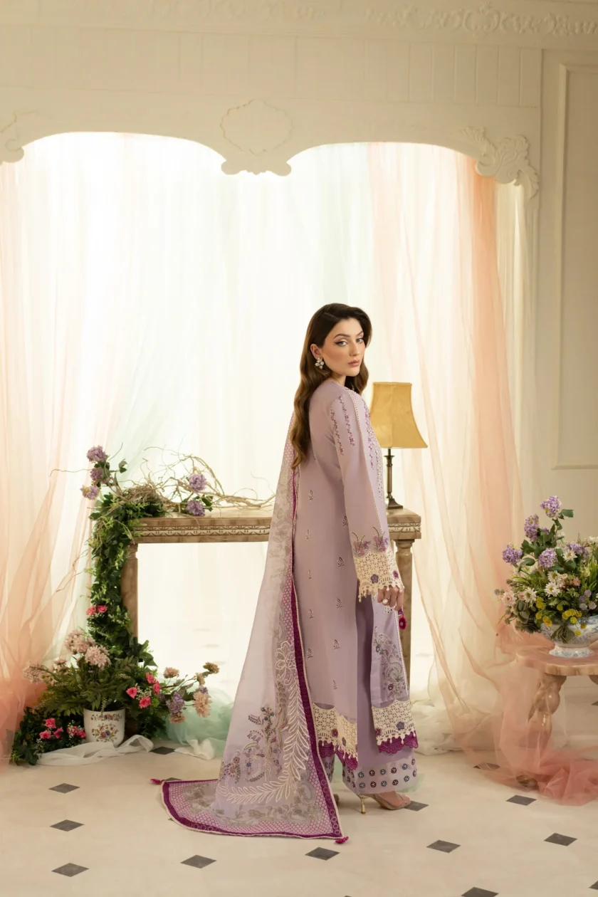 Unstitched 3Pc Printed Embroidered Lawn Dress Aneela Rizwan Lavender Bliss - Image 3