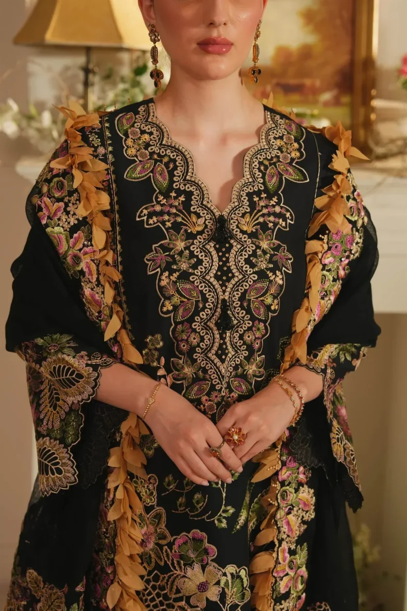 Unstitched 3Pc Printed Embroidered Lawn Dress Aneela Rizwan Noir Majesty - Image 3