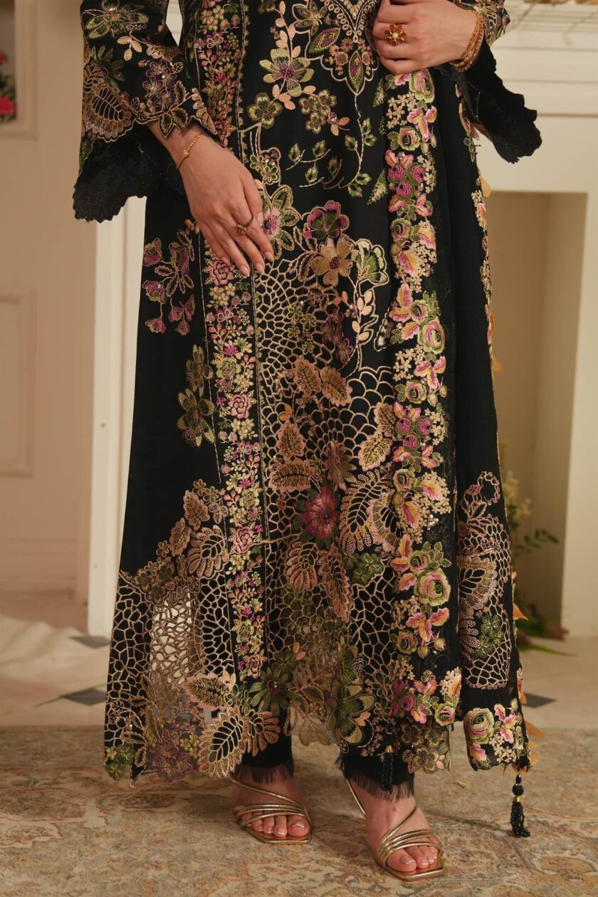 Unstitched 3Pc Printed Embroidered Lawn Dress Aneela Rizwan Noir Majesty - Image 4