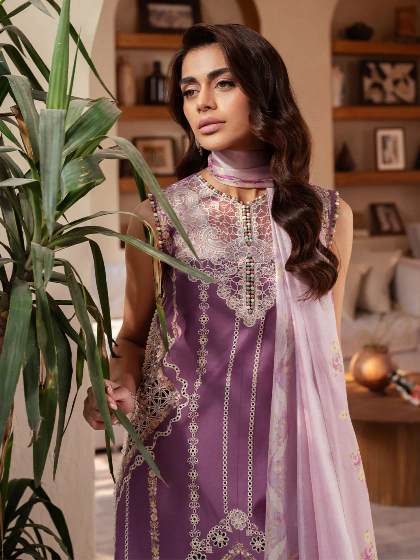 Unstitched 3Pc Printed Embroidered Lawn Dress Bin ilyas Mehroze - Image 5
