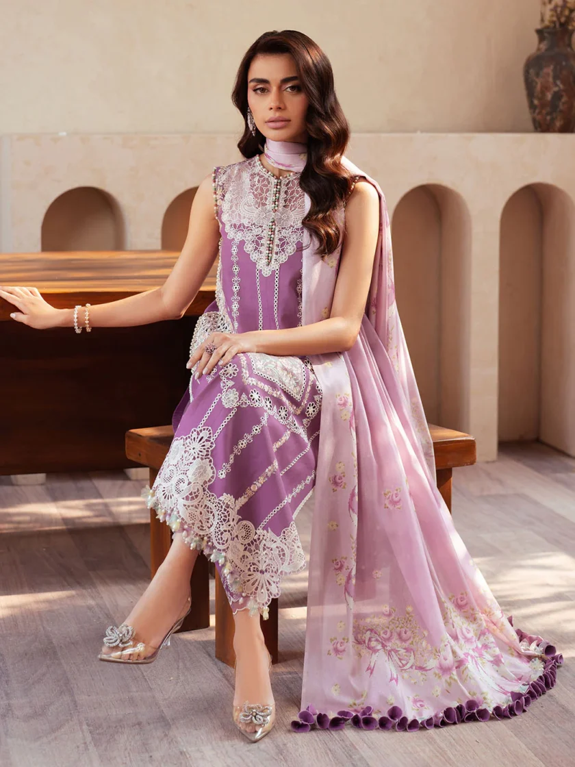 Unstitched 3Pc Printed Embroidered Lawn Dress Bin ilyas Mehroze - Image 8