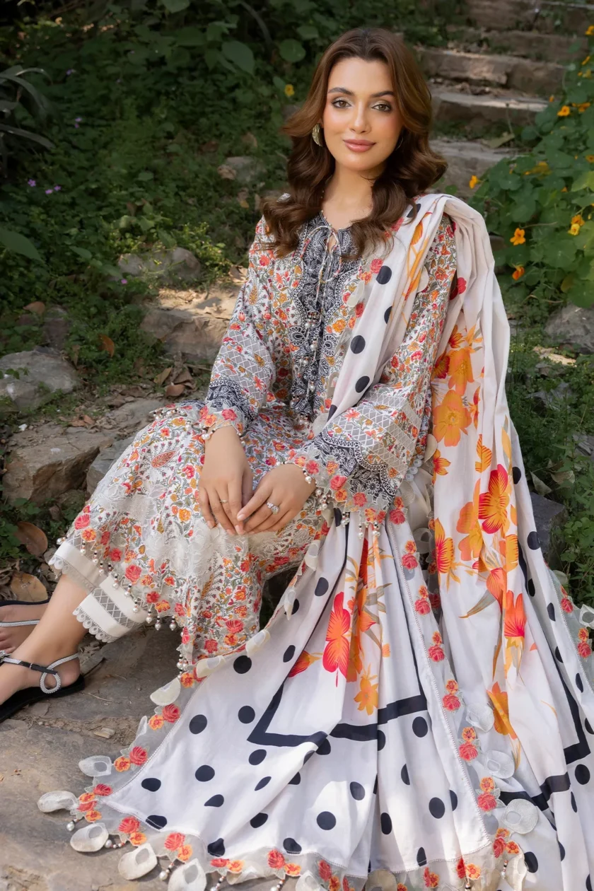 Unstitched 3 Piece Embroidered Lawn Dress Charizma Range CRN505 - Image 4