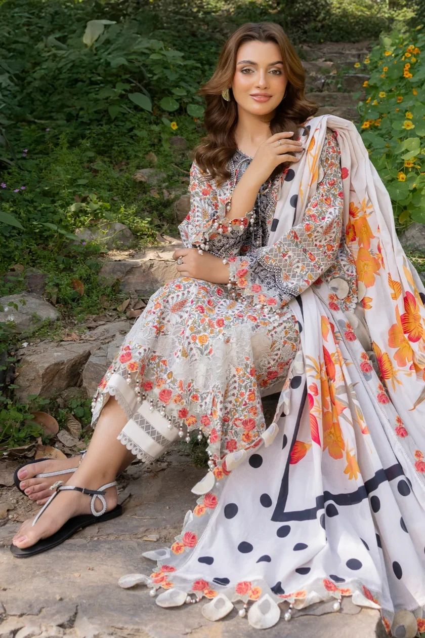 Unstitched 3 Piece Embroidered Lawn Dress Charizma Range CRN505 - Image 5