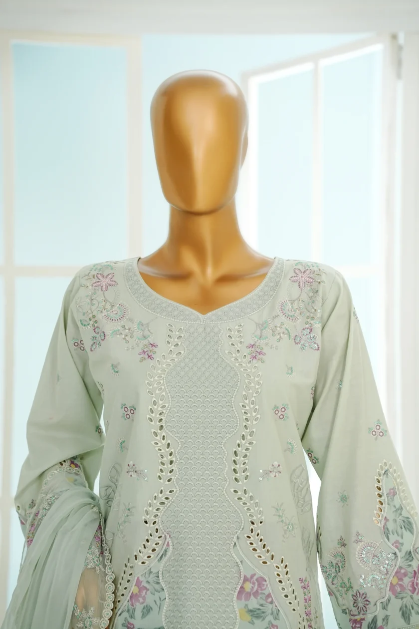 Stitched 3Pc Embroidered Lawn Dress with Farshi Salwar Amira - Image 2
