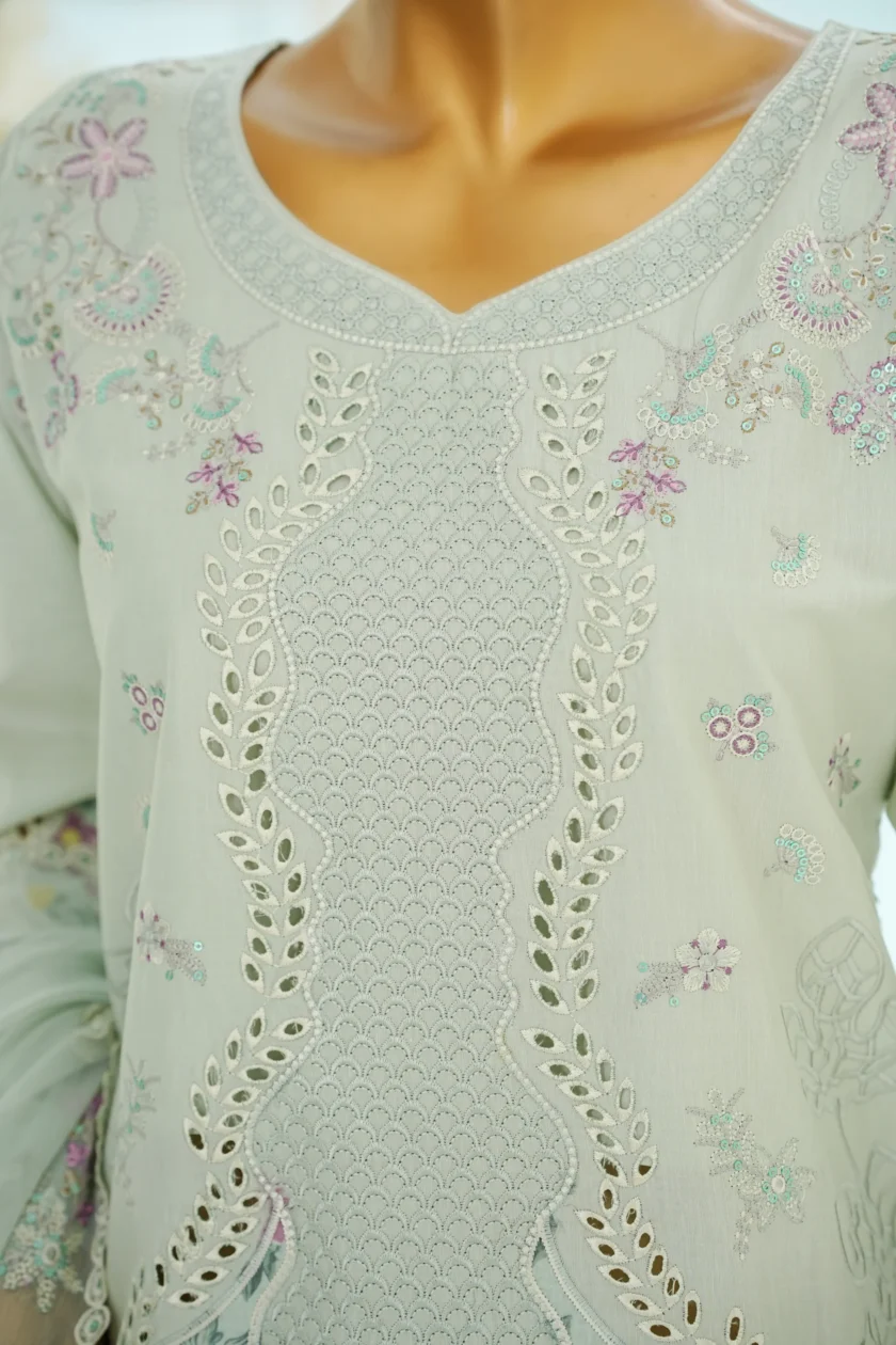 Stitched 3Pc Embroidered Lawn Dress with Farshi Salwar Amira - Image 3