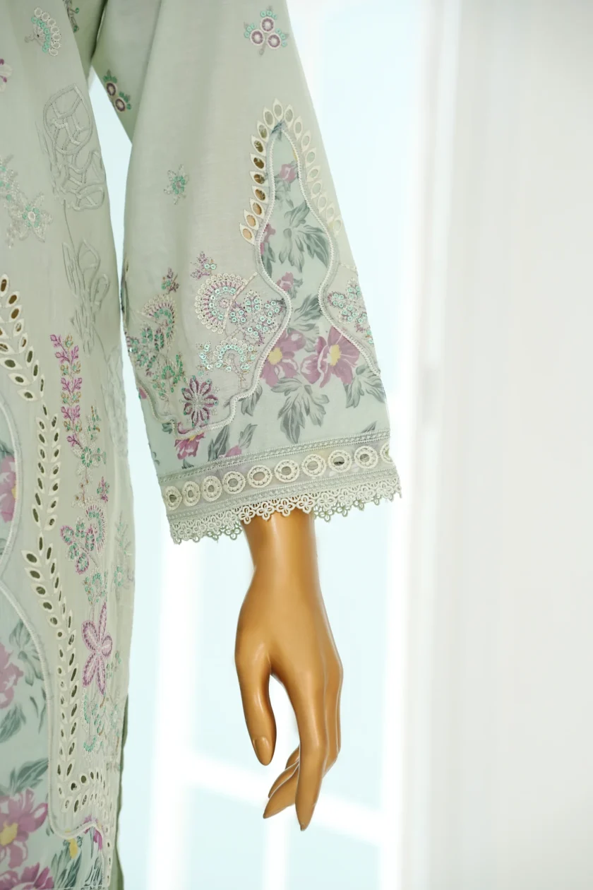 Stitched 3Pc Embroidered Lawn Dress with Farshi Salwar Amira - Image 4