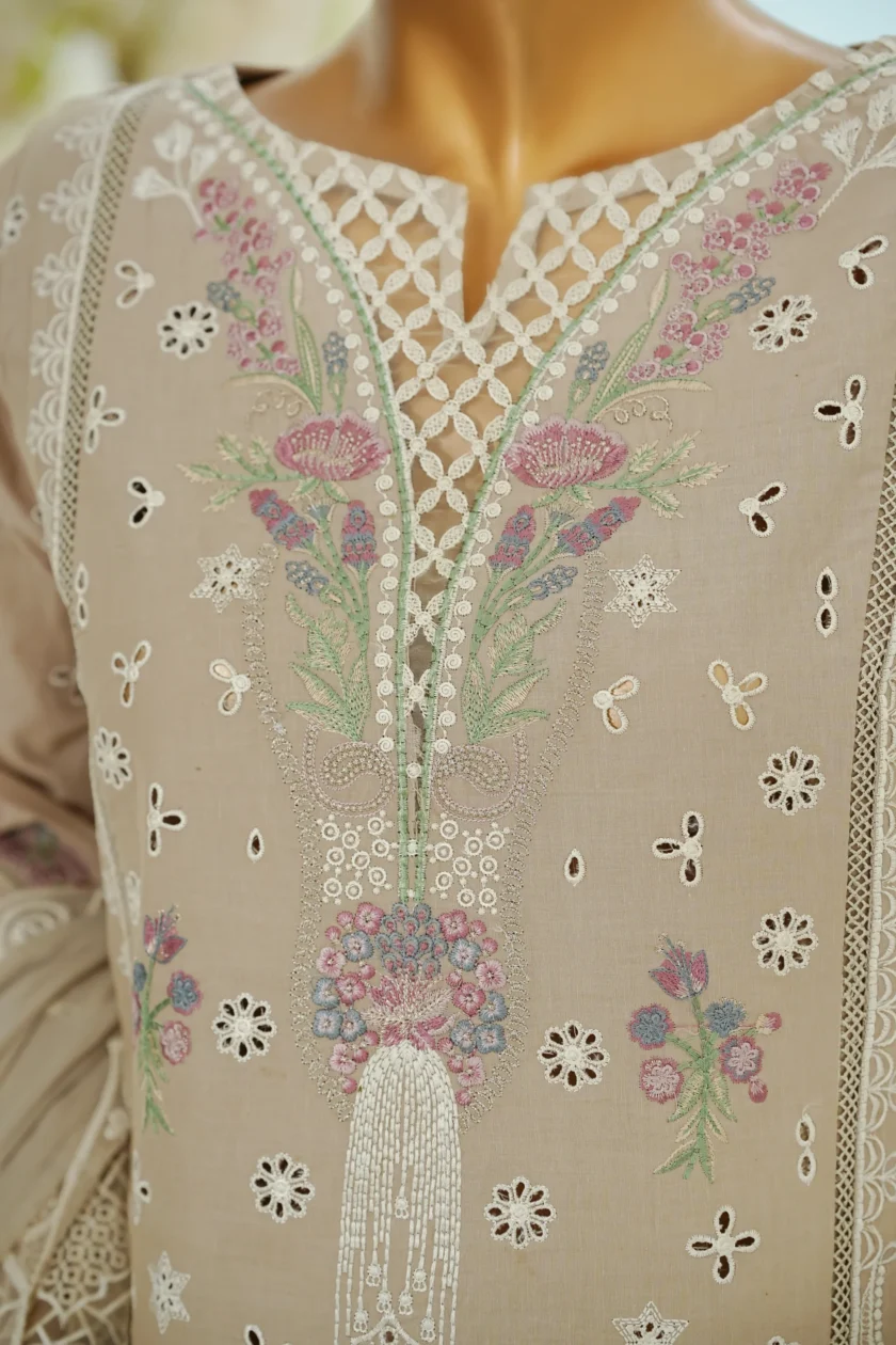 Stitched 3Pc Embroidered Lawn Dress with Farshi Salwar Diya - Image 2