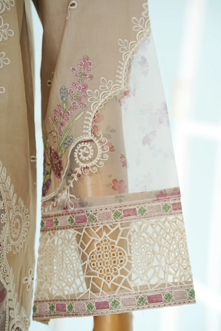 Stitched 3Pc Embroidered Lawn Dress with Farshi Salwar Diya - Image 3