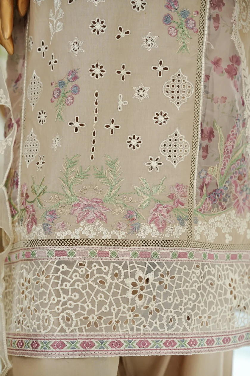 Stitched 3Pc Embroidered Lawn Dress with Farshi Salwar Diya - Image 4