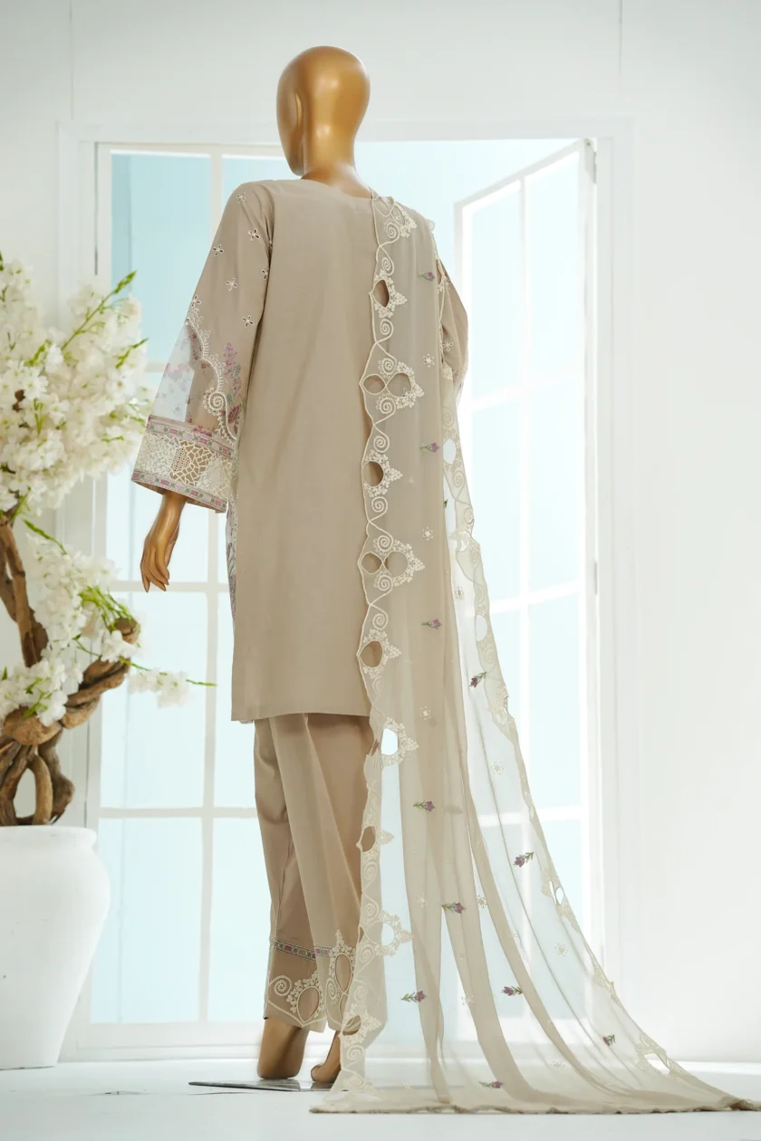 Stitched 3Pc Embroidered Lawn Dress with Farshi Salwar Diya - Image 5