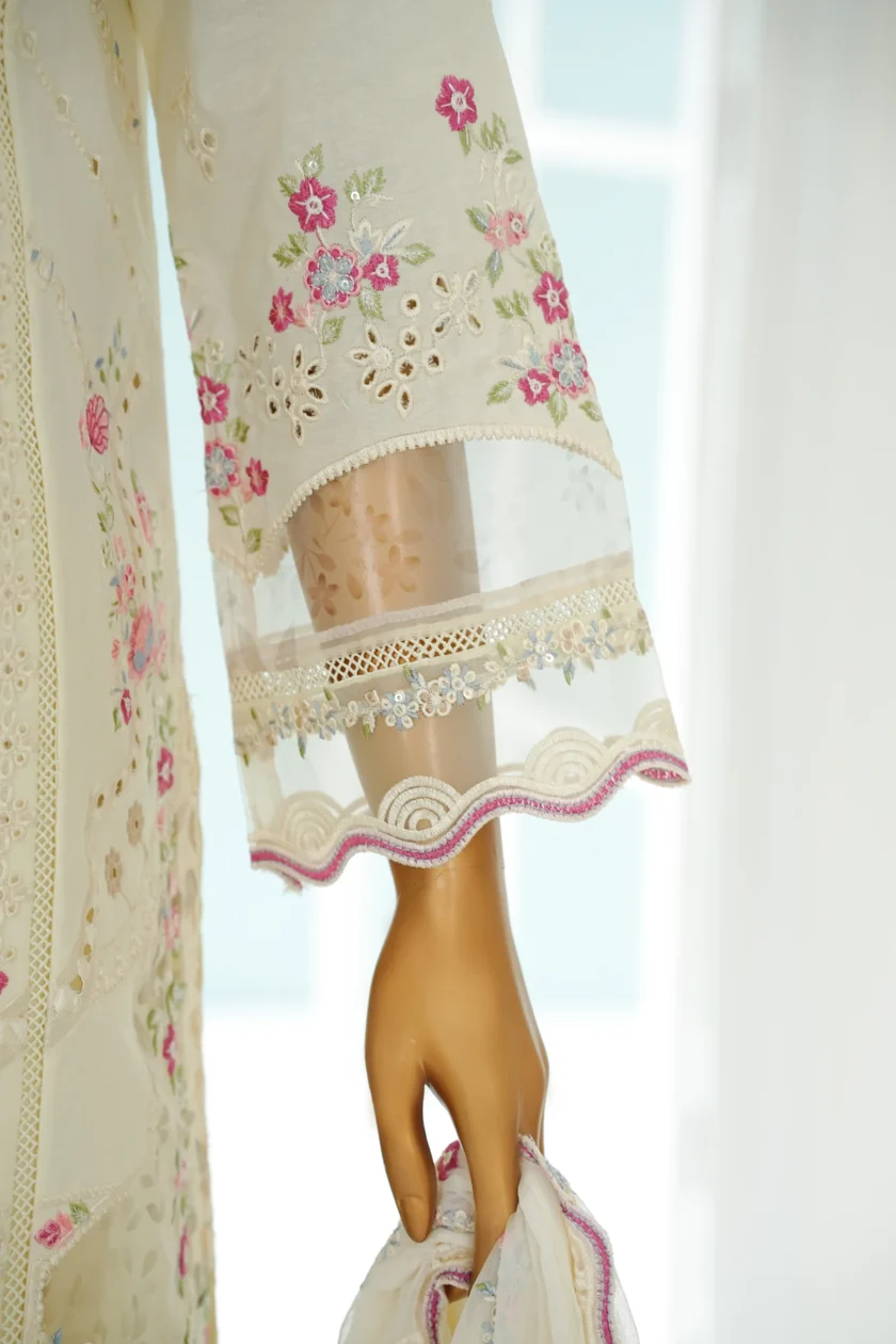 Stitched 3Pc Embroidered Lawn Dress with Farshi Salwar Saafina - Image 3