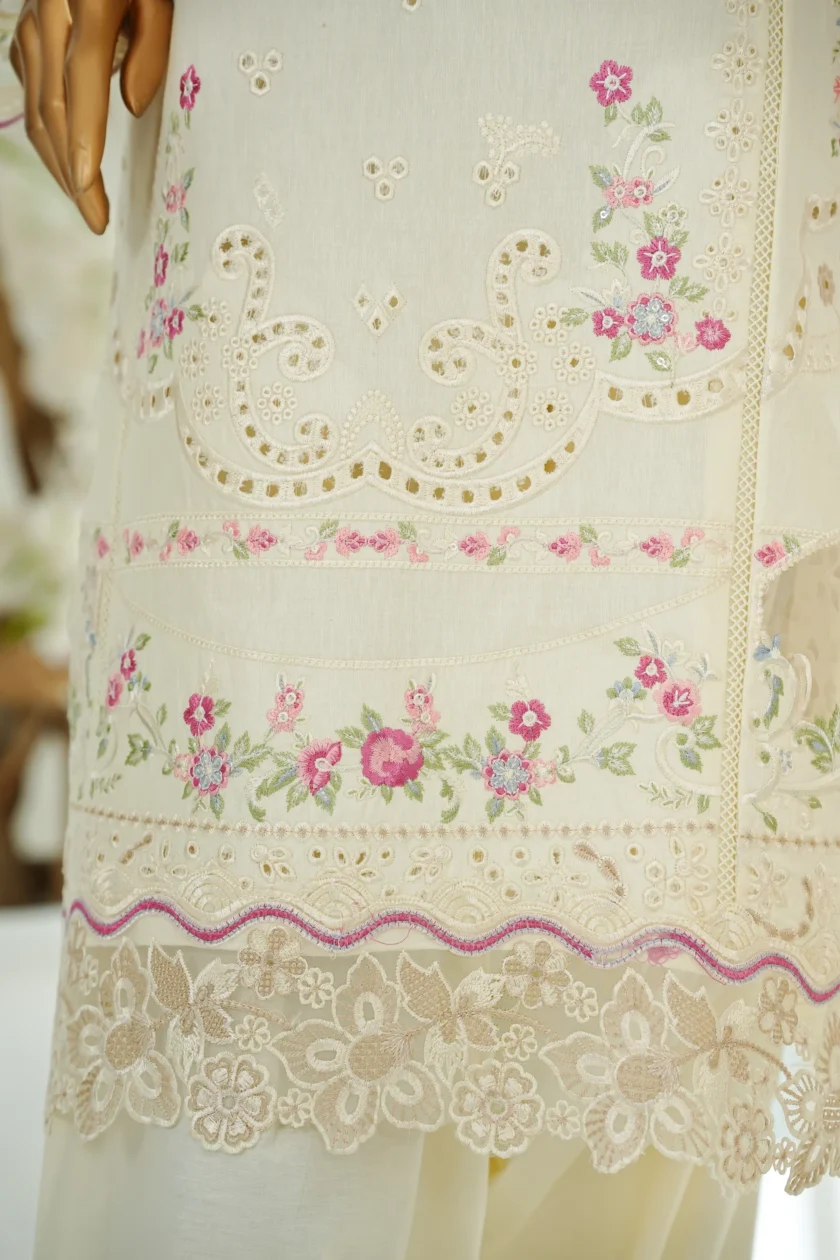 Stitched 3Pc Embroidered Lawn Dress with Farshi Salwar Saafina - Image 4