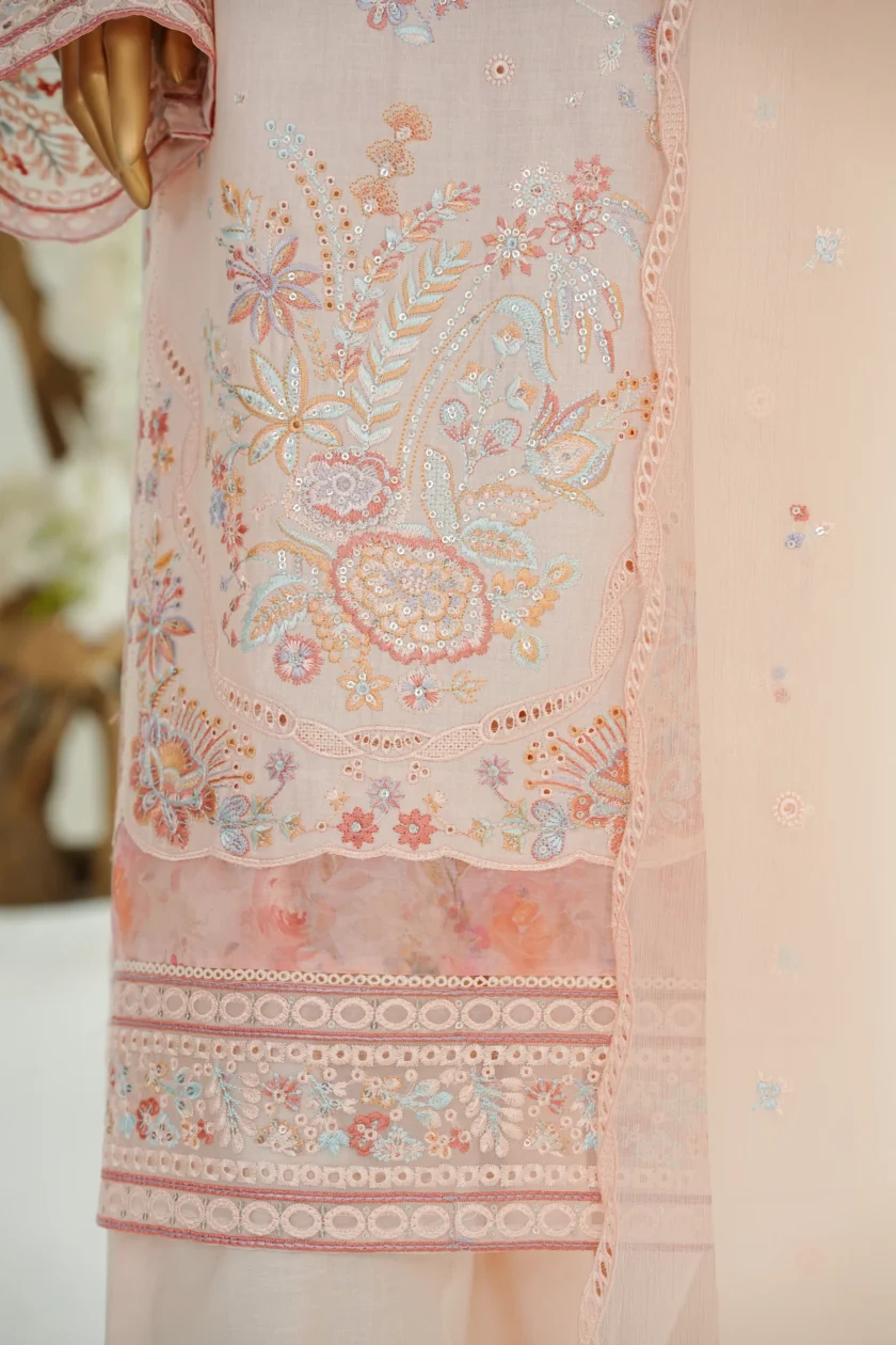Stitched 3Pc Embroidered Lawn Dress with Farshi Salwar Zareen - Image 4