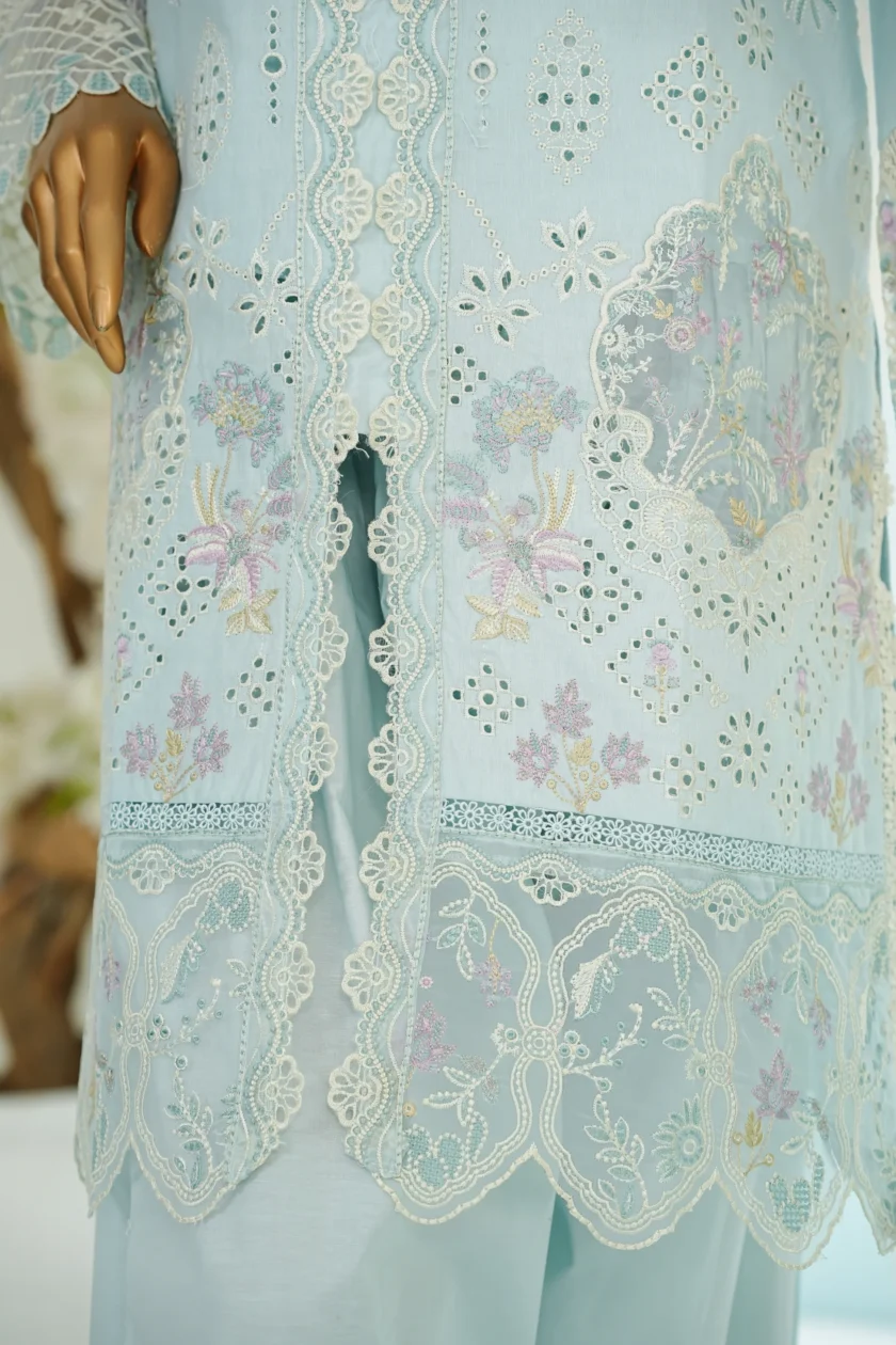 Stitched 3Pc Embroidered Lawn Dress with Farshi Salwar Lailaan - Image 4