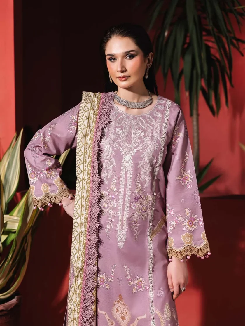 Unstitched 3 Piece Embroidered Lawn Dress Lilac Jade Urbane - Image 2