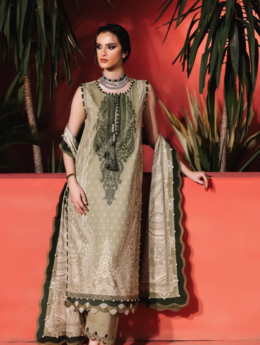 Unstitched 3 Piece Embroidered Lawn Dress Mehndi Jade Urbane - Image 2