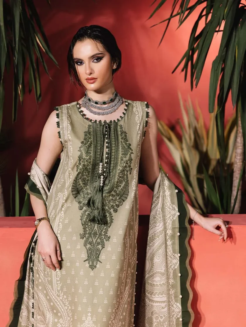 Unstitched 3 Piece Embroidered Lawn Dress Mehndi Jade Urbane - Image 3
