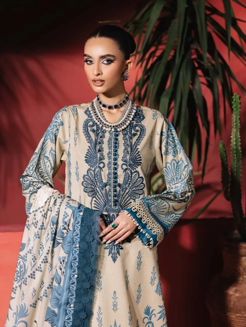 Unstitched 3 Piece Embroidered Lawn Dress Cream Jade Urbane - Image 3