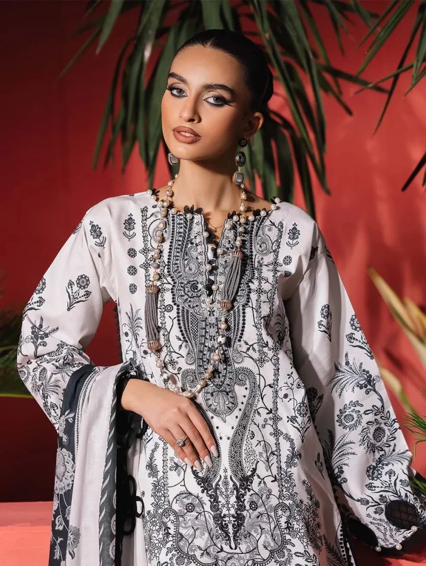 Unstitched 3 Piece Embroidered Lawn Dress Off White Jade Urbane - Image 3