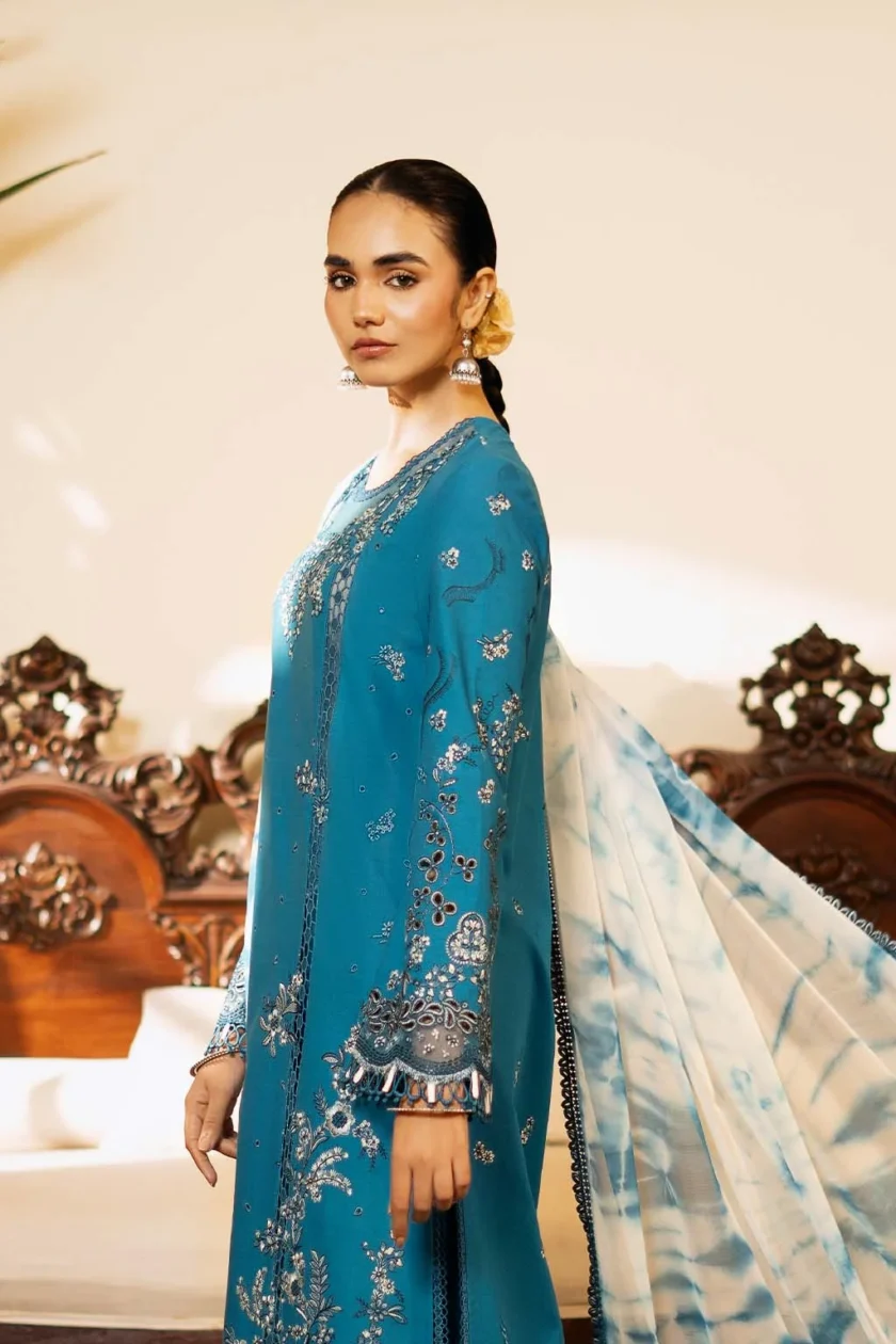 Unstitched 3 Piece Embroidered Luxury Lawn Dress Azal Sajni Zarposh - Image 4