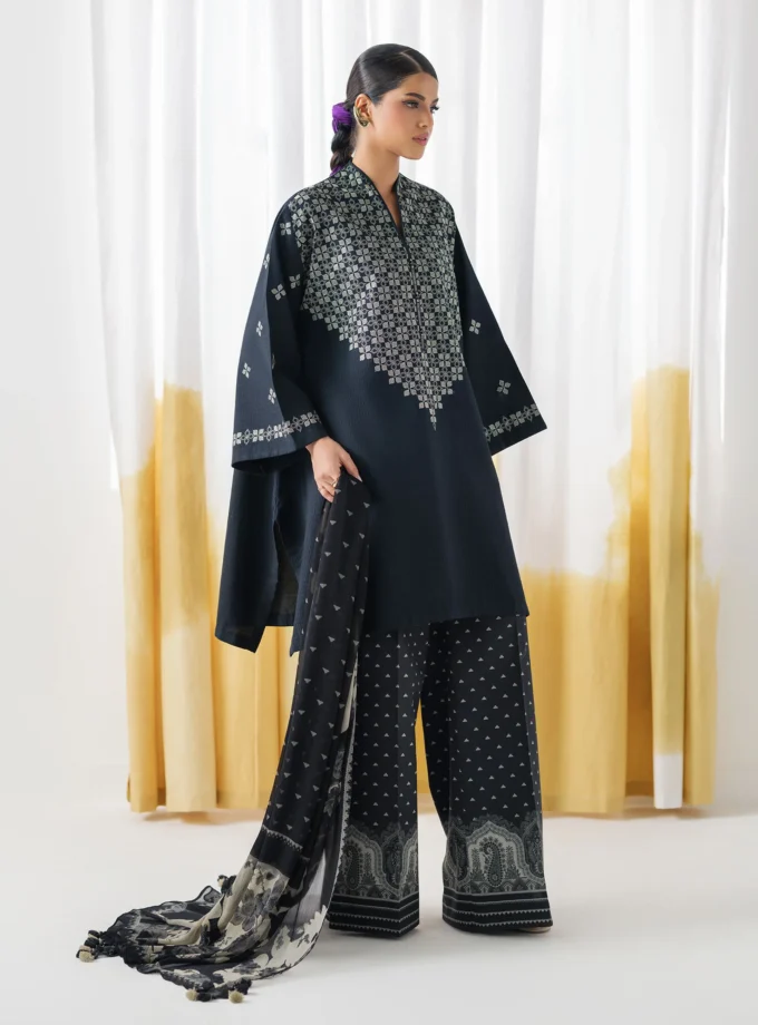 Unstitched 3Pc Embroidered Black Dobby Dress by Sapphire