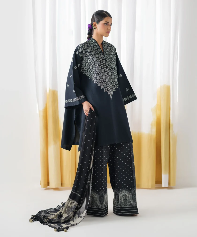Unstitched 3Pc Embroidered Black Dobby Dress by Sapphire