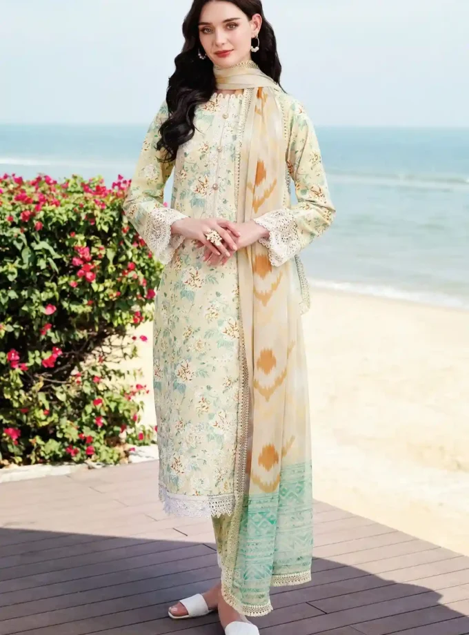 Unstitched 3Pc Embroidered Lawn Dress Lush Cream Farasha Aurea
