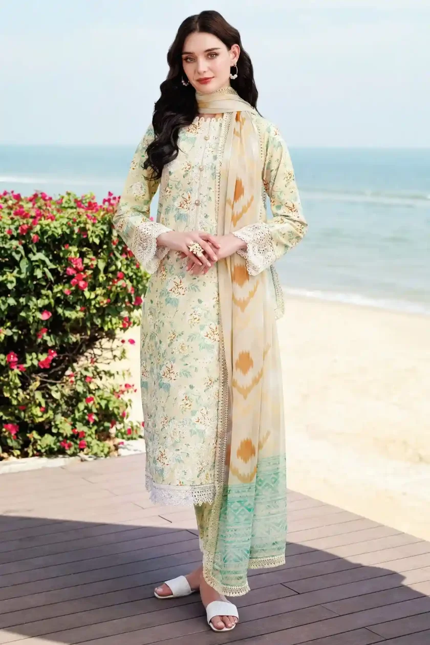 Unstitched 3Pc Embroidered Lawn Dress Lush Cream Farasha Aurea