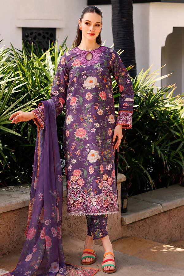 Unstitched 3Pc Embroidered Lawn Dress Majestic Purple Farasha Aurea