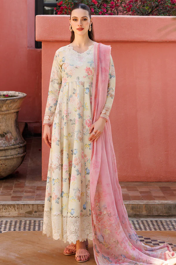 Unstitched 3Pc Embroidered Lawn Dress Meadow Blush Farasha Aurea