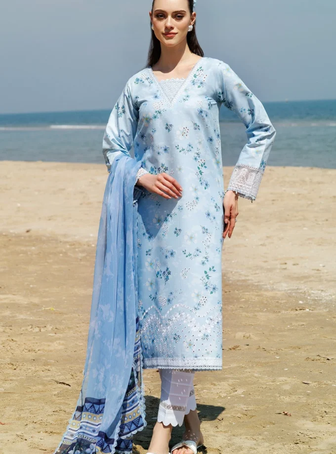 Unstitched 3Pc Embroidered Lawn Dress Moonlit Blue Farasha Aurea