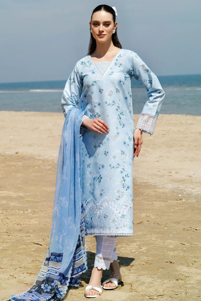 Unstitched 3Pc Embroidered Lawn Dress Moonlit Blue Farasha Aurea