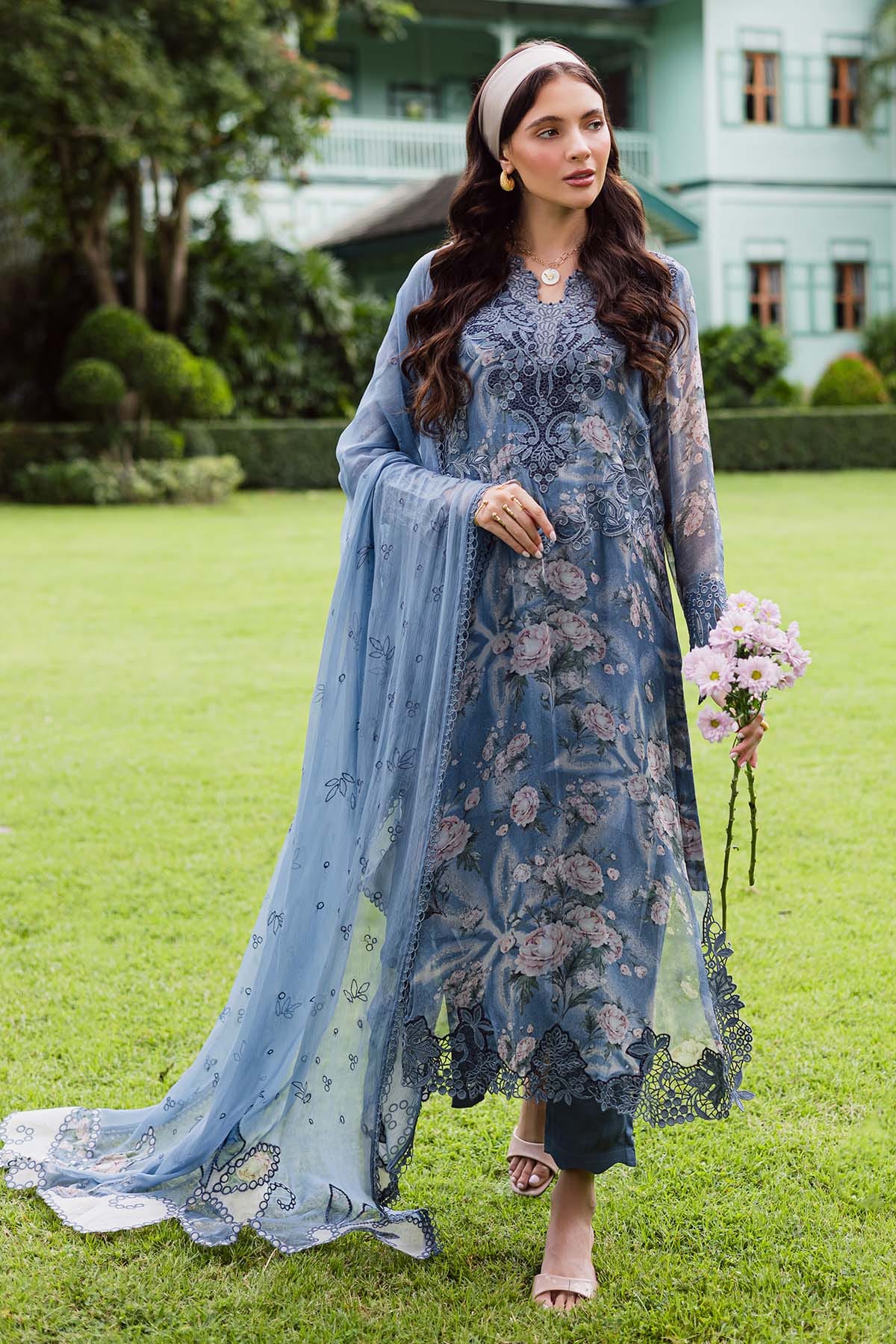 Unstitched 4Pc Embroidered Chiffon Dress Nureh Ballerina Formals NU2 - 184