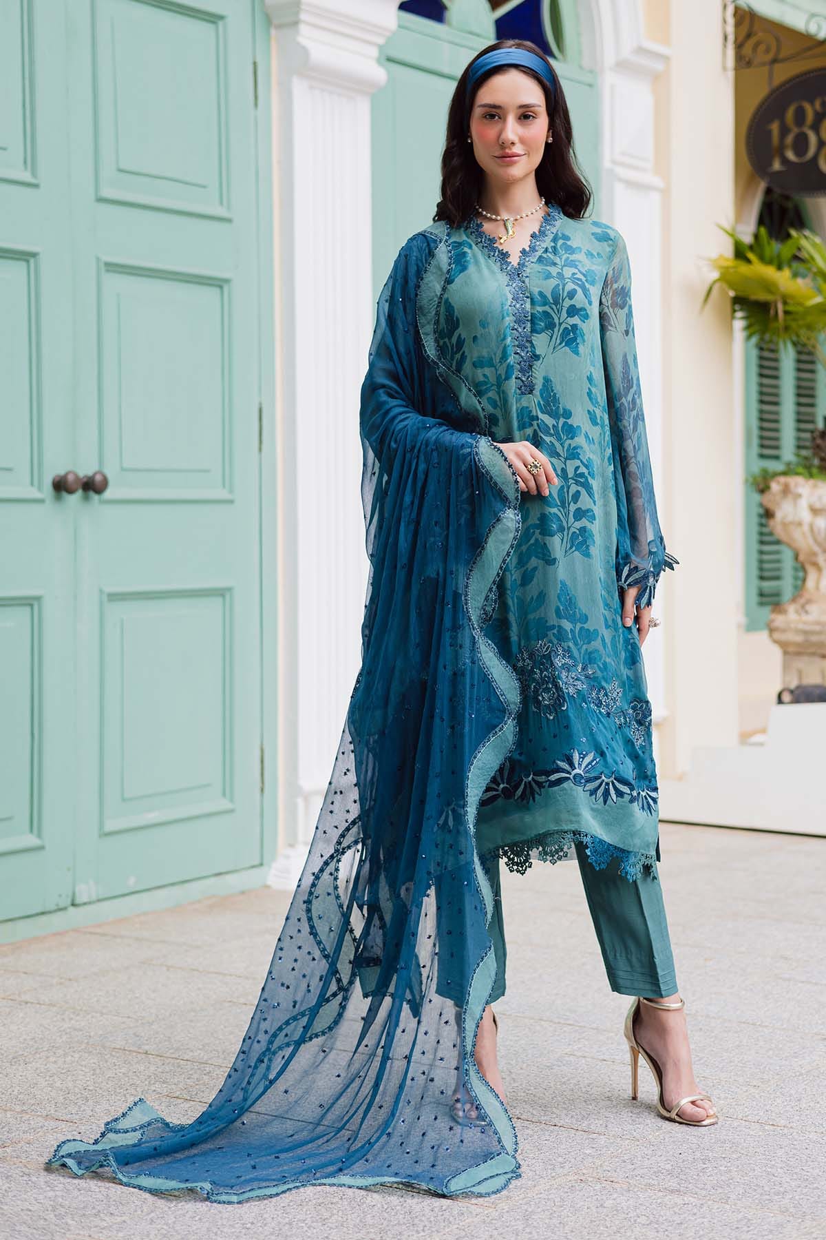 Unstitched 4Pc Embroidered Chiffon Dress Nureh Ballerina Formals NU2 - 186