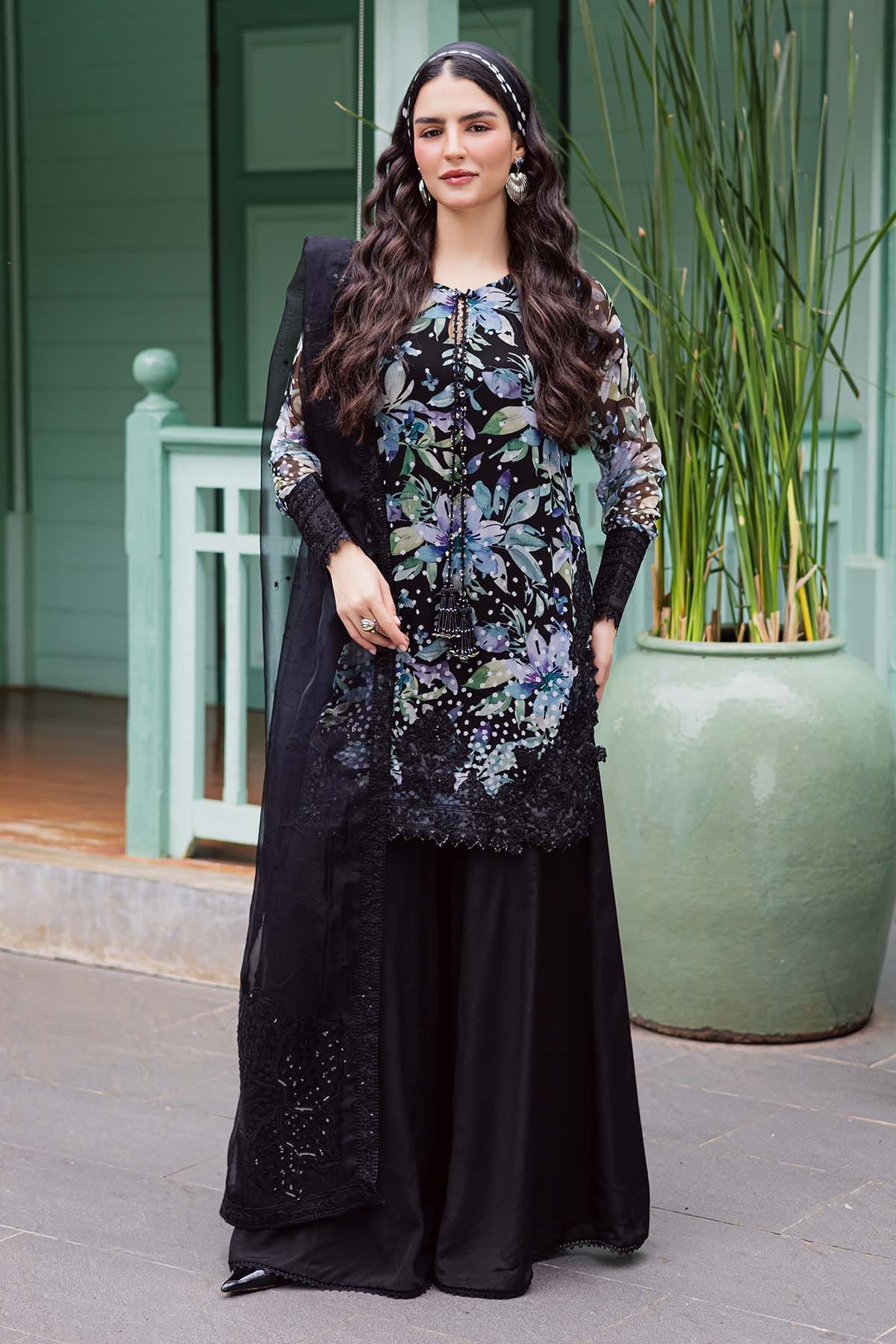 Unstitched 4Pc Embroidered Chiffon Dress Nureh Ballerina Formals NU2 - 187