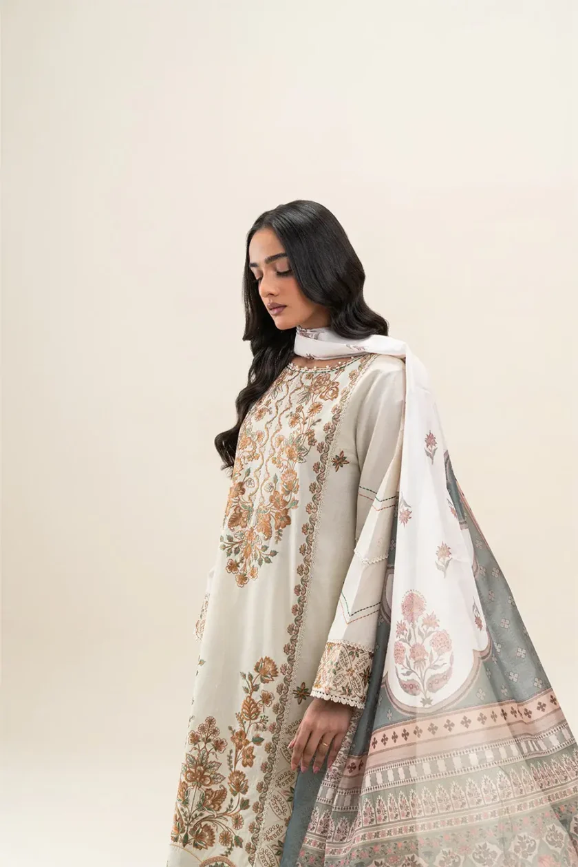 Unstitched 3Pc Embroidered Lawn Dress Orngate Gem by BeechTree - Image 3