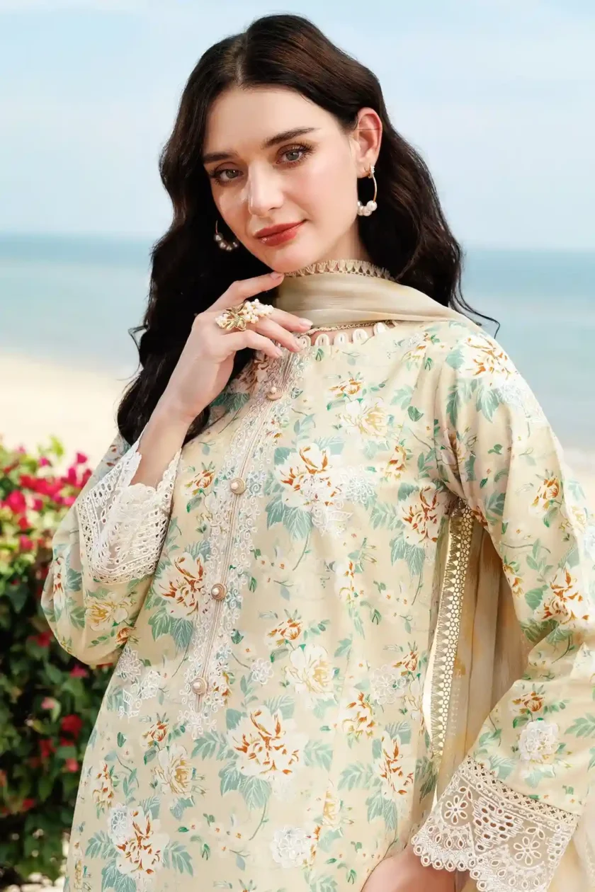Unstitched 3Pc Embroidered Lawn Dress Lush Cream Farasha Aurea - Image 6