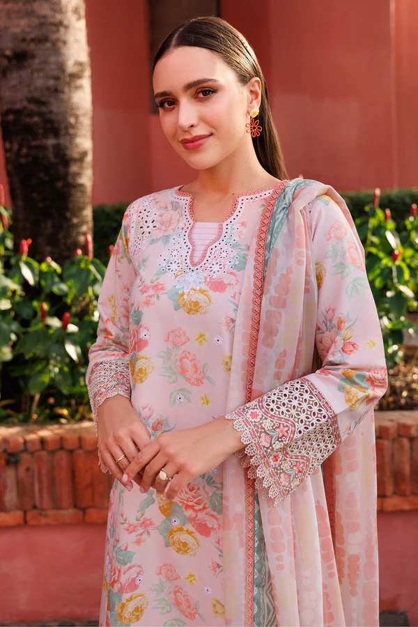 Unstitched 3Pc Embroidered Lawn Dress Peach Glow Farasha Aurea - Image 3
