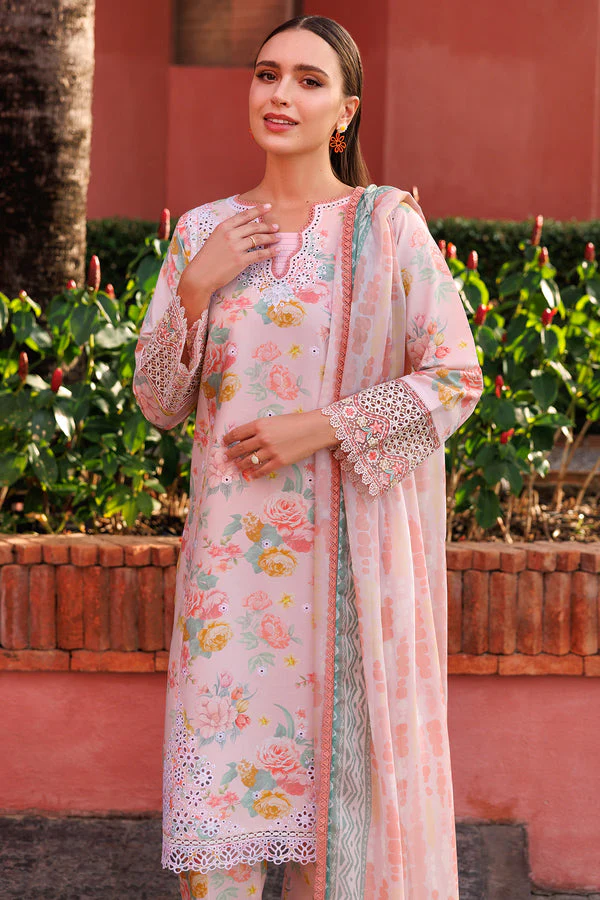 Unstitched 3Pc Embroidered Lawn Dress Peach Glow Farasha Aurea - Image 4