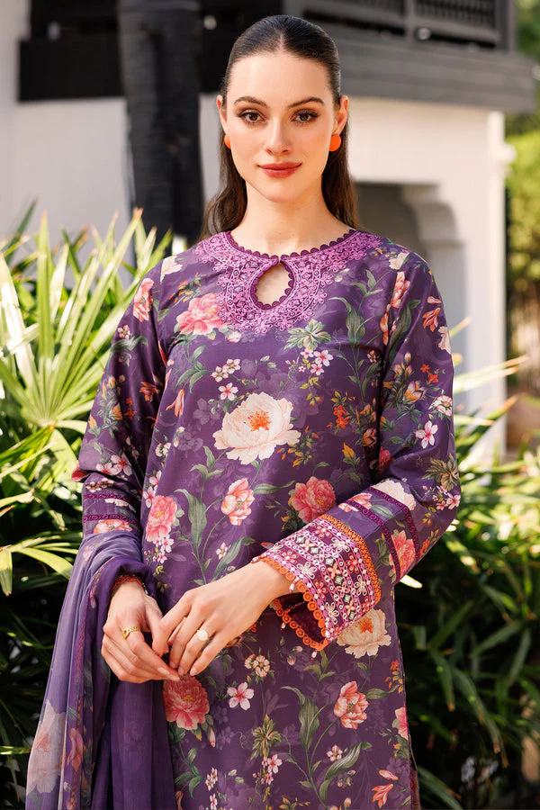 Unstitched 3Pc Embroidered Lawn Dress Majestic Purple Farasha Aurea - Image 3