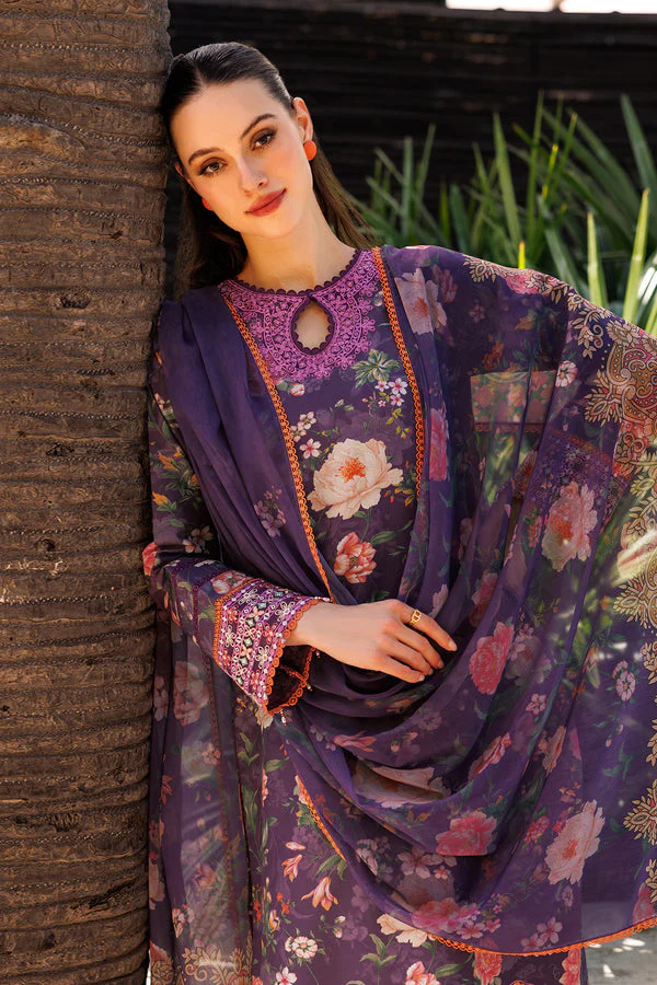 Unstitched 3Pc Embroidered Lawn Dress Majestic Purple Farasha Aurea - Image 5
