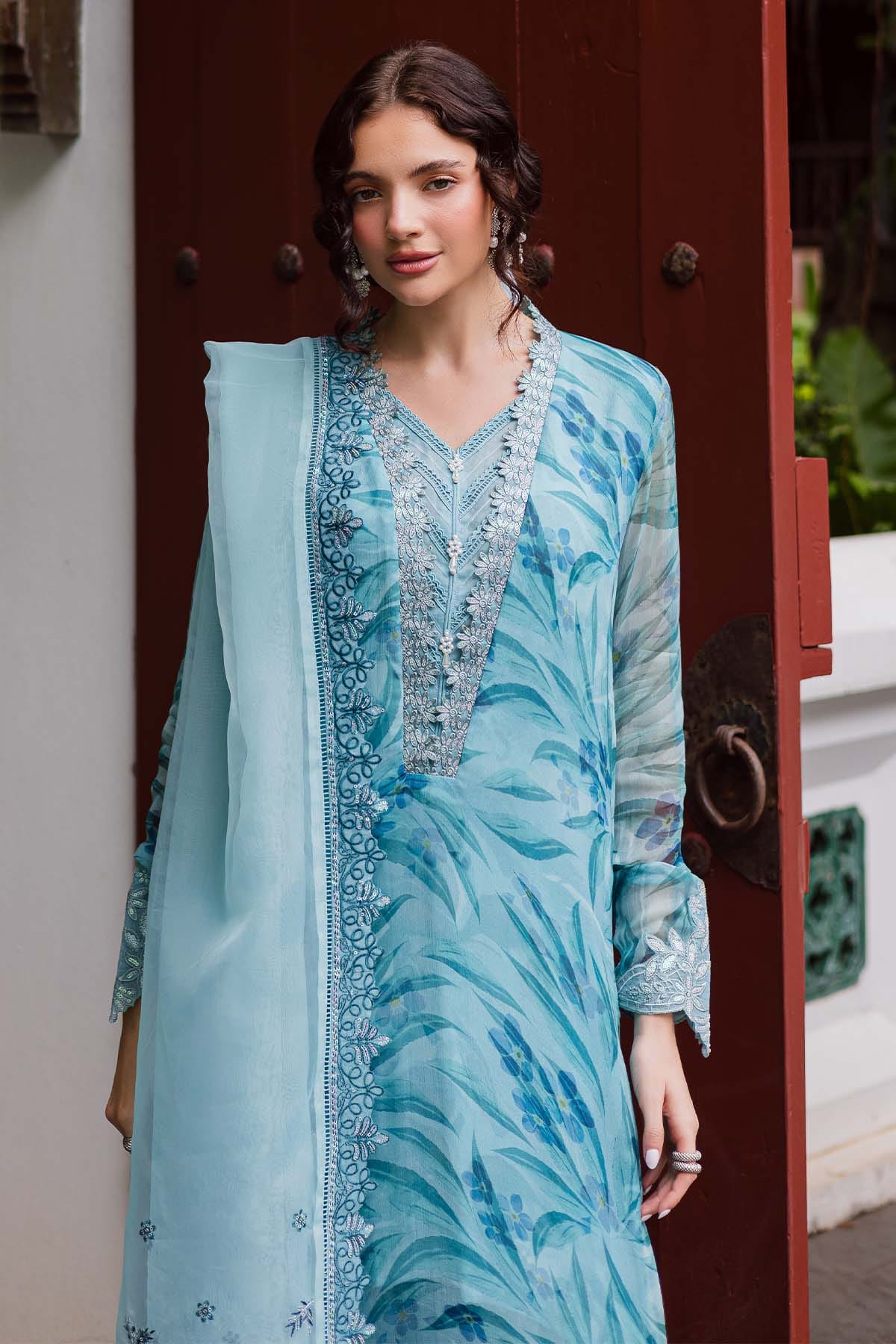 Unstitched 4Pc Embroidered Chiffon Dress Nureh Ballerina Formals NU2 - 183 - Image 2