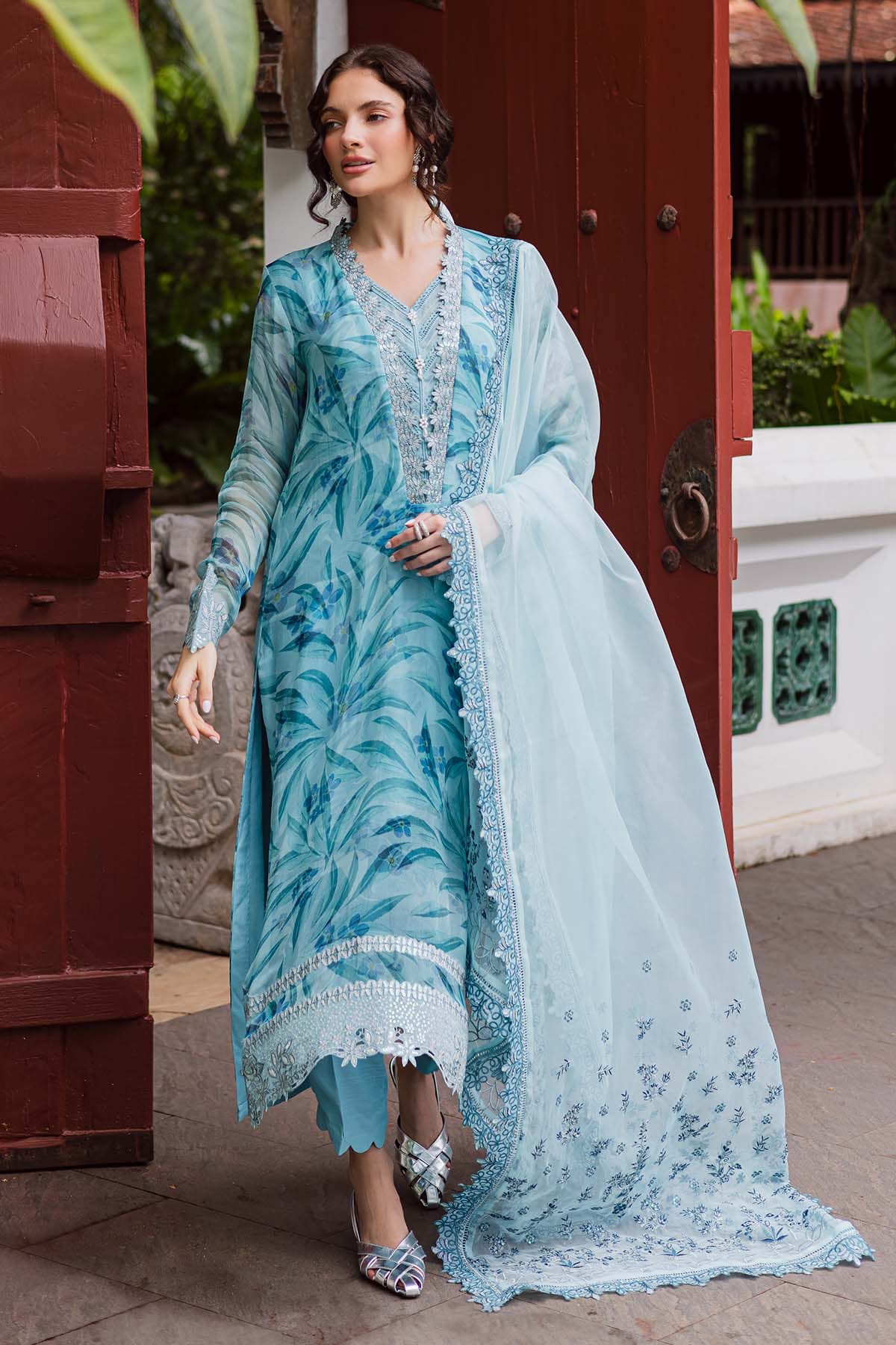 Unstitched 4Pc Embroidered Chiffon Dress Nureh Ballerina Formals NU2 - 183 - Image 3
